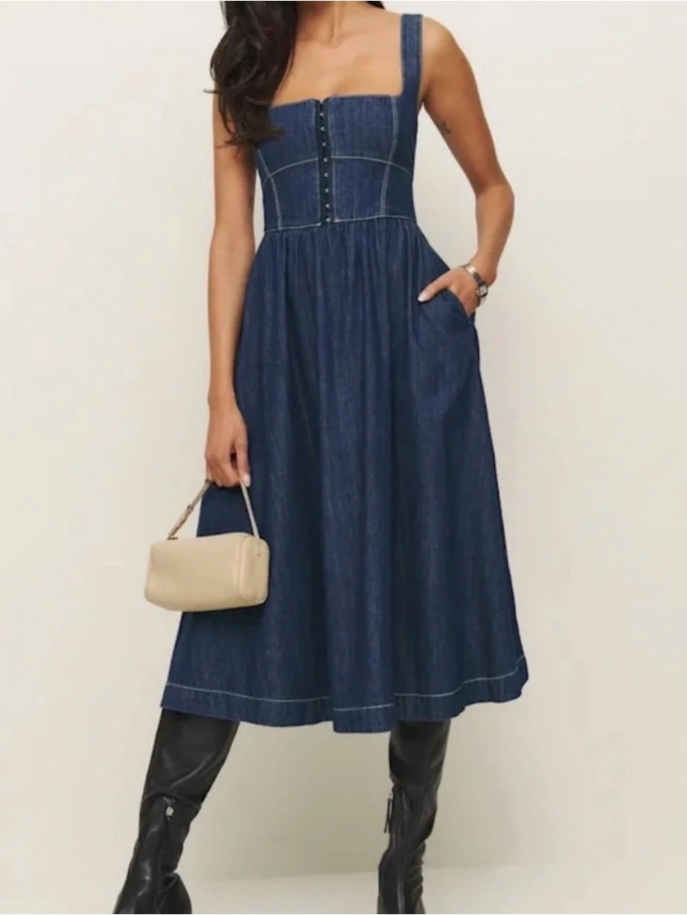 Reformation Tagliatelle Denim Midi-Dress Size 4